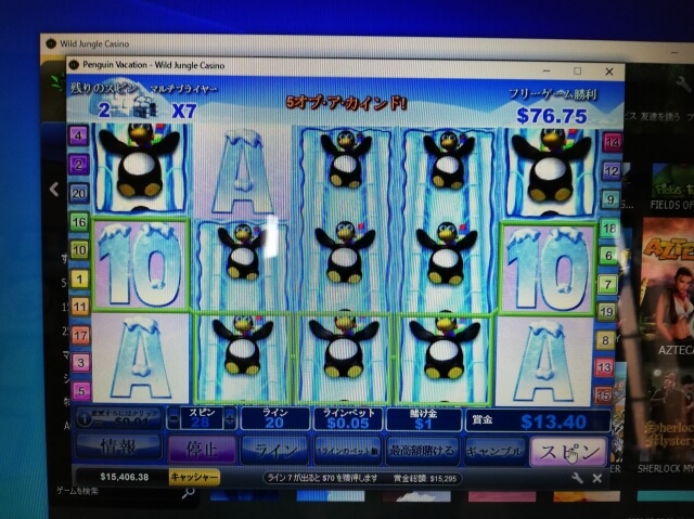 ワイルドジャングルカジノ「ペンギンバケーション」での大勝利画面