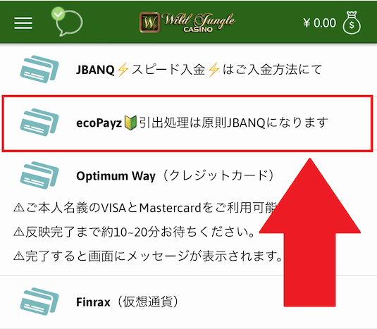 ワイルドジャングルカジノ 入金手順1
