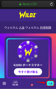 ワイルズカジノ トップページで入金をクリック