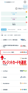 カジノシークレット　クレジットカード　入金選択画面