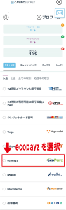 カジノシークレット　エコペイズ　選択画面