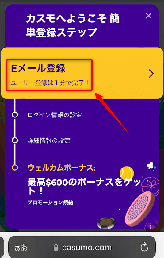 カスモカジノ 必要な情報を入力1