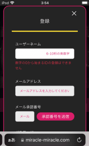 ミラクルカジノ 登録画面 必要情報入力1