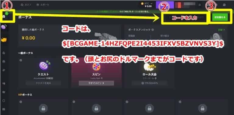 ボーナスコード 入力画面