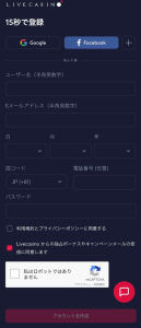 ライブカジノアイオー 必要な情報を入力