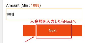 入金額を入力し、Nextへ進みます