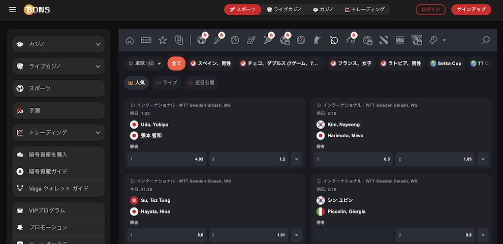 ブックメーカー 卓球　ボンズカジノ